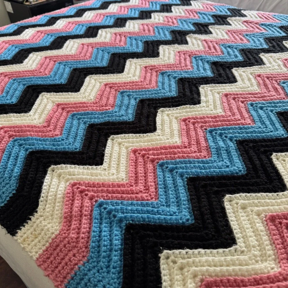 Handmade Crochet Afghan Blanket Chevron Ripple Pink Blue Black 80x132 Throw XL
